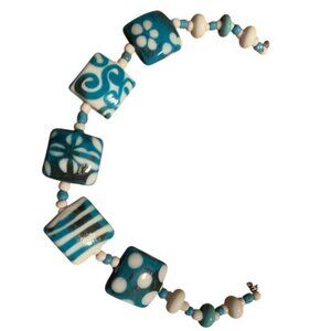 Handmade Turquoise and White Lampwork Glass Beads - New